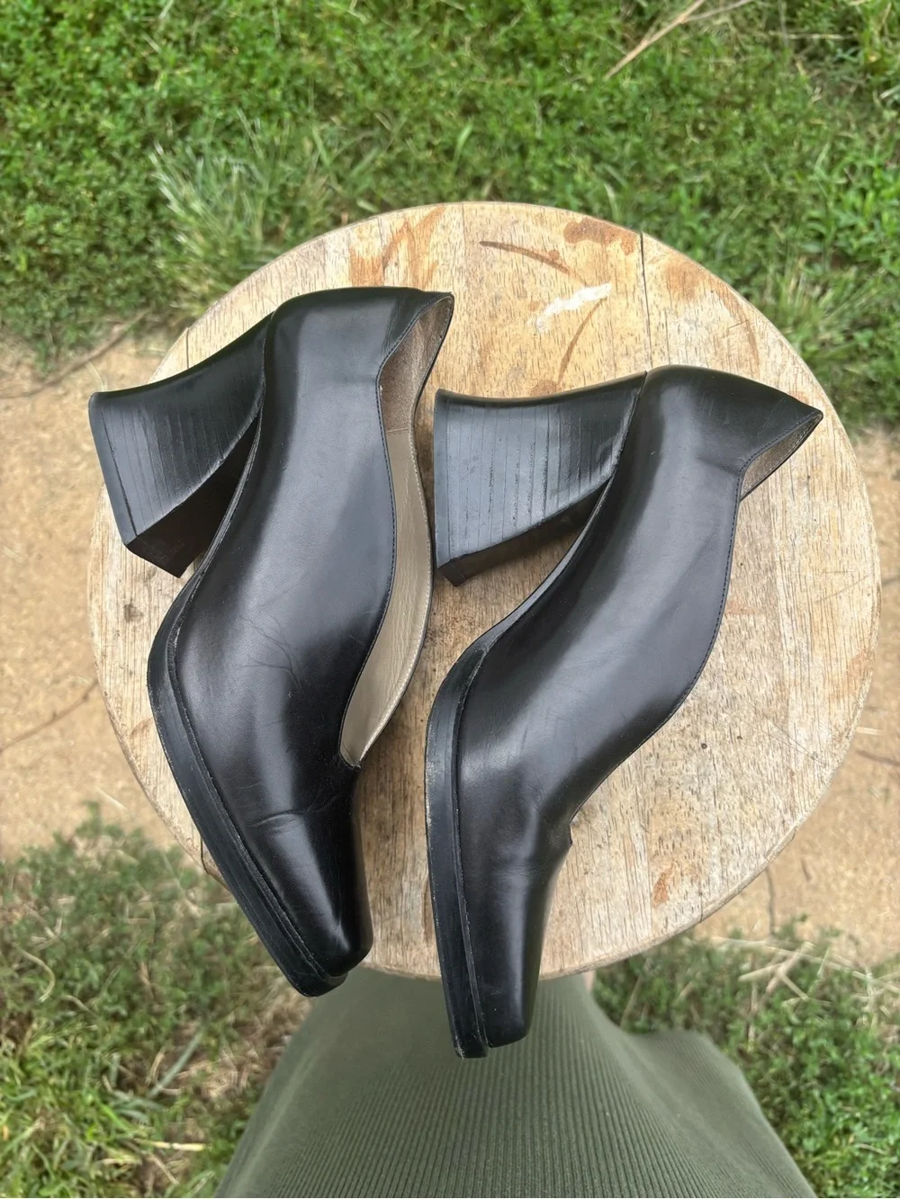 Vintage 90s Italian Black Leather Square Toe Block Heels V-Vamp 38 7.5 8